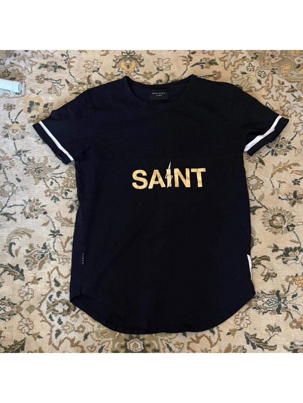 Black T-Shirt with Gold 'SAINT' Logo Oversized Mini Dress Grunge Emo